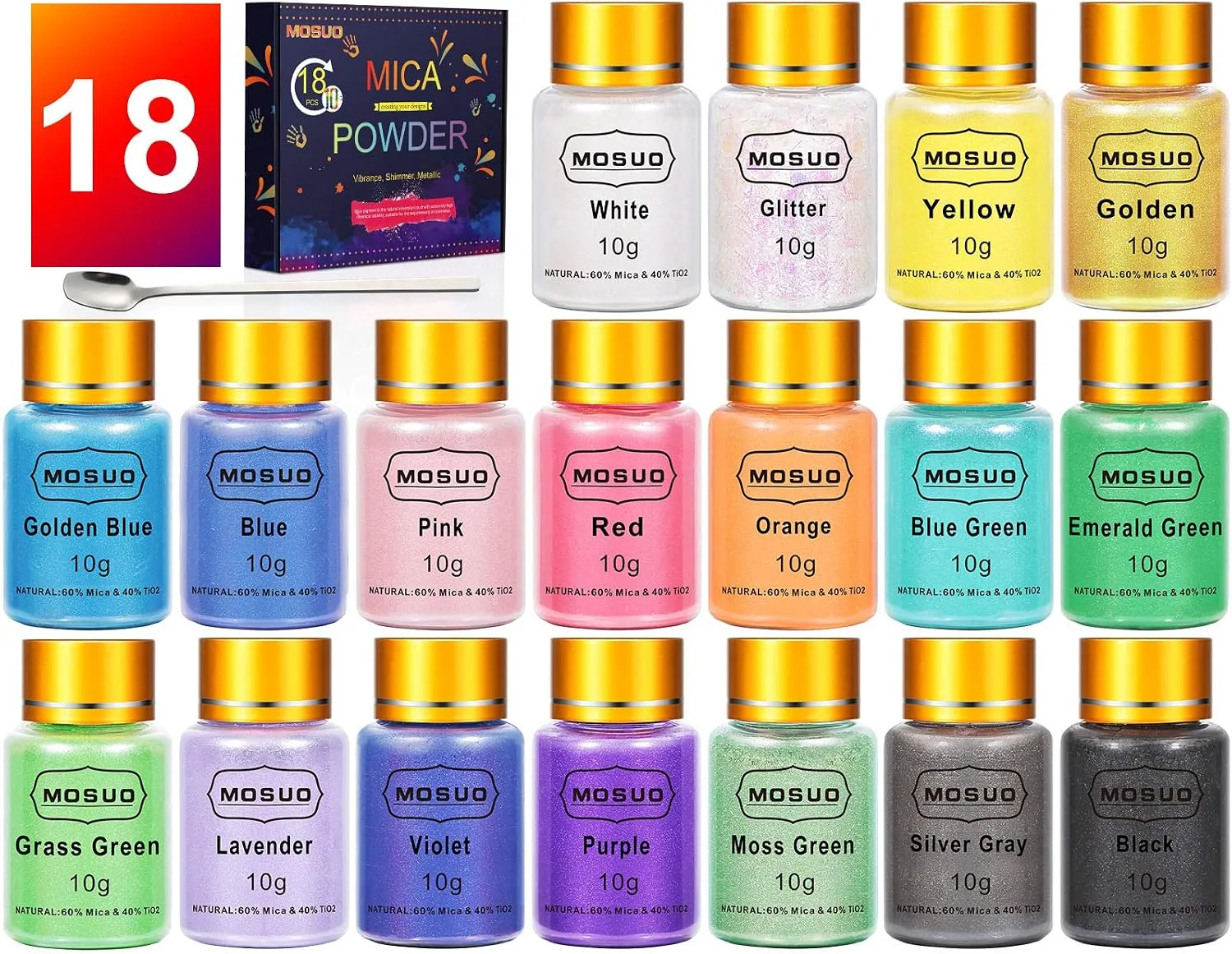 MOSUO Naturale Pigmenti Coloranti, 10g*18 Colori Mica Polvere Colorante Polveri Perlato per Sapone, Resina Epossidica…